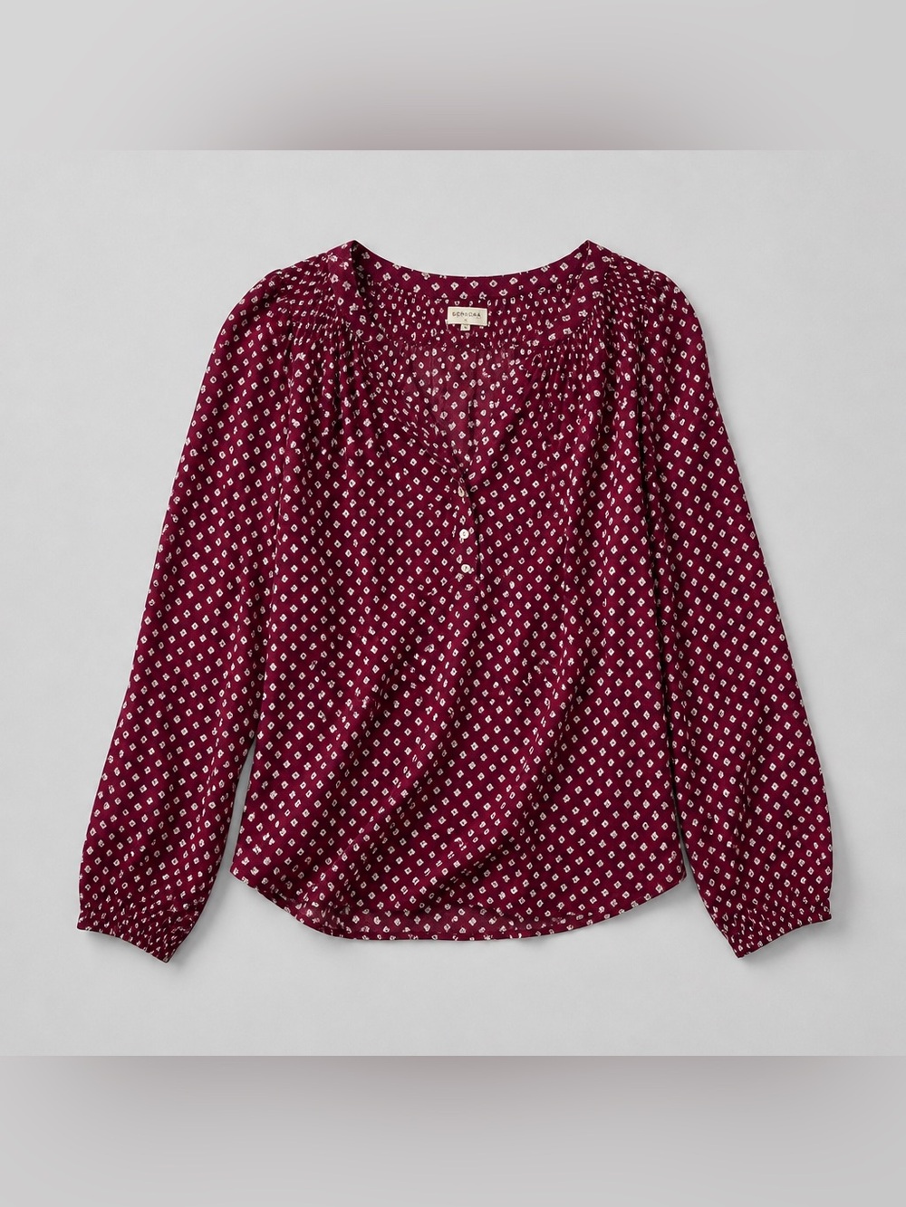 Sonoma 5x Goods For Life Smocked Wrist Henley Top Red Dainty Floral Print